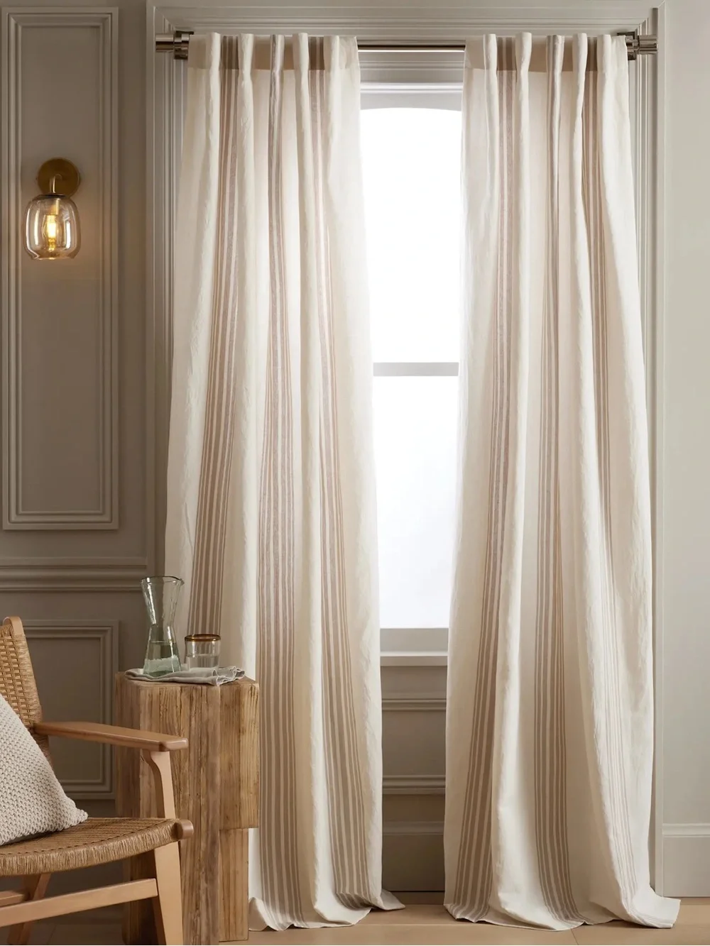 NWT QUINCE Set 2 48x84 Coastal Stripe Linen Cotton Curtains Ivory/Natural 9227